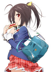Rule 34 | 1girl, bag, bread slice, brown hair, food, food in mouth, frame arms girl, gennai ao, highres, charm (object), long sleeves, looking at viewer, medium hair, mouth hold, non-web source, official art, plaid, plaid skirt, pleated skirt, ponytail, red eyes, school bag, school uniform, skirt, solo, toast, toast in mouth, white background
