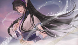 Rule 34 | 1girl, absurdres, armband, black hair, chinese clothes, closed mouth, ding ju biao, duanmu rong (qin shi ming yue), dusk, earrings, expressionless, falling leaves, from side, hairband, highres, jewelry, leaf, long hair, needle, outdoors, qinshi mingyue, short sleeves, solo, upper body, wind