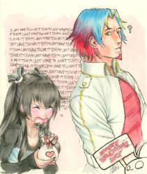 Rule 34 | 10s, 1boy, 1girl, ?, black hair, blush, brave the hard, comic, english text, graphite (medium), hair ornament, heart, hetero, highres, humanization, isaki tanaka, long hair, neptune (series), open mouth, signature, text focus, traditional media, twintails, two side up, uni (neptunia), valentine