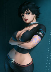 Rule 34 | 1girl, arm tattoo, black hair, black shirt, blue eyes, bracelet, choker, closed mouth, commentary, crossed arms, doll (one piece), earrings, english commentary, english text, hoop earrings, indoors, jewelry, lips, lipstick, makeup, midriff, navel, one piece, red lips, shirt, short hair, short sleeves, skull, skull belt, solo, spiked choker, spikes, tattoo, zetman92