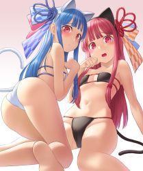 Rule 34 | 2girls, animal ears, ass, bare legs, bikini, black bikini, blue hair, blunt bangs, blush, breasts, cat ears, cat tail, commentary request, embarrassed, eyepatch bikini, fake animal ears, groin, hair ornament, hair ribbon, kneeling, kotonoha akane, kotonoha aoi, kurione (zassou), long hair, looking at viewer, midriff, multiple girls, navel, open mouth, pink hair, red eyes, ribbon, siblings, sideboob, sidelocks, simple background, sisters, sitting, small breasts, stomach, swimsuit, tail, thighs, very long hair, voiceroid