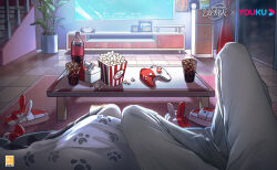 Rule 34 | 1boy, 1girl, animal slippers, ayn alwyn, blanket, bunny slippers, controller, copyright name, cup, curtains, drawer, drinking glass, feet out of frame, flat screen tv, food, game controller, heroine (lovebrush chronicles), ice, ice cube, indoors, lovebrush chronicles, official art, pajamas, pants, paw print, photo (object), plant, popcorn, potted plant, pov, record, rug, sitting, slippers, soda, soda bottle, stairs, table, television, themed object, tile floor, tiles, tissue box, under covers, white pajamas, white pants