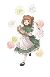 Rule 34 | 1girl, :d, beatrice (princess principal), black footwear, brown eyes, brown hair, capelet, double bun, dress, frilled dress, frills, full body, gloves, green dress, hair bun, head wreath, highres, holding, holding wreath, looking at viewer, medium hair, official art, open mouth, princess principal, princess principal game of mission, shoes, smile, socks, solo, standing, transparent background, white gloves, white socks