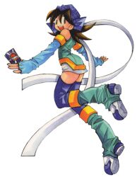 Rule 34 | 1girl, ass, bandana, blue gloves, blue shirt, blue thighhighs, boots, brown eyes, brown hair, card, creatures (company), fingerless gloves, game freak, gloves, holding, holding card, leg up, legs, looking at viewer, lowres, miniskirt, mint (pokemon), nintendo, official art, open mouth, pokemon, pokemon card, pokemon tcg, pokemon tcg gb, shirt, skirt, sleeveless, sleeveless shirt, thighhighs, thighs