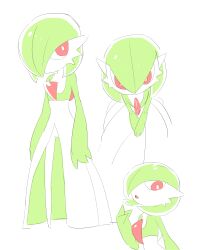 Rule 34 | 1girl, absurdres, arms at sides, bob cut, bright pupils, colored skin, creatures (company), ddingyong, female focus, flat chest, flat color, full body, game freak, gardevoir, gen 3 pokemon, green hair, green skin, hair between eyes, hair over one eye, hand up, highres, leaning forward, looking at viewer, multicolored skin, multiple views, nintendo, one eye covered, open mouth, own hands together, pokemon, pokemon (creature), red eyes, short hair, simple background, sketch, standing, two-tone skin, upper body, v arms, white background, white pupils, white skin