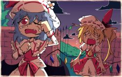 Rule 34 | 2girls, bat wings, beret, blonde hair, blue hair, bow, branch, capelet, closed eyes, commentary, crying, dawn, dirty, dirty clothes, dirty face, english commentary, fangs, flandre scarlet, gate, hat, messy hair, mob cap, mountain, multiple girls, open mouth, outdoors, puffy short sleeves, puffy sleeves, remilia scarlet, setz, short sleeves, siblings, side ponytail, sisters, sobbing, torn clothes, touhou, waist bow, wings