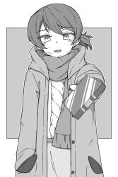 Rule 34 | 1girl, absurdres, aran sweater, breath, cable knit, coat, commentary, cowboy shot, fringe trim, gift, girls und panzer, giving, greyscale, highres, holding, holding gift, hood, hood down, hooded coat, kawanishi shinobu, long sleeves, looking at viewer, monochrome, open clothes, open coat, open mouth, renshiu, scarf, short hair, short ponytail, skirt, smile, solo, sweater, swept bangs, valentine, winter uniform