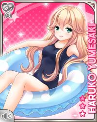 Rule 34 | 1girl, :d, bare arms, barefoot, black one-piece swimsuit, blonde hair, character name, competition swimsuit, floating, girlfriend (kari), green eyes, innertube, long hair, official art, one-piece swimsuit, open mouth, pink background, qp:flapper, sitting, smile, swim ring, swimsuit, tagme, yumesaki haruko