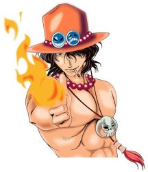 Rule 34 | 1boy, cigarette, fire, hair over one eye, hat, jewelry, looking at viewer, male focus, muscular, necklace, one piece, pointing, portgas d. ace, sad face, simple background, smiley, smiley face, solo, topless male