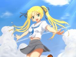 Rule 34 | 1girl, bad id, bad pixiv id, blonde hair, cloud, contrail, day, from below, green eyes, hair ribbon, long hair, navel, open mouth, original, outstretched arms, ribbon, school uniform, serafuku, shino (pixia), shoes, skirt, sky, solo, teeth, twintails