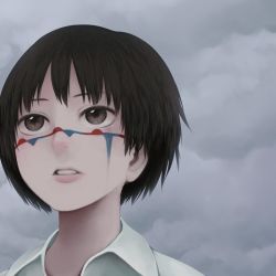 Rule 34 | 1girl, black hair, brown eyes, close-up, cloud, cloudy sky, collared shirt, commentary request, day, facial mark, looking up, original, parted lips, pink lips, shirt, sky, solo, white shirt, yajirushi (chanoma)
