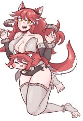 Rule 34 | 2girls, :3, animal ears, breasts, bulga, chibi, claw pose, cleavage, dual persona, fang, fenrir (last origin), hairband, last origin, long hair, mini person, minigirl, multicolored hair, multiple girls, open mouth, simple background, spats (footwear), tail, thighhighs, toeless legwear, two-tone hair, white background, white hair, white legwear, wolf ears, wolf girl, wolf tail, yellow eyes