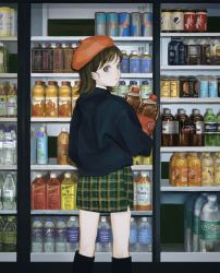 Rule 34 | 1girl, beret, black shirt, bottle, brown eyes, brown hair, feet out of frame, from behind, hat, highres, holding, holding bottle, indoors, long sleeves, looking at viewer, looking back, medium hair, original, plaid, plaid skirt, red hat, shelf, shirt, skirt, solo, utsuwa0120