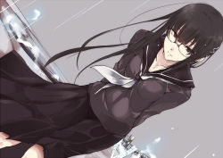 Rule 34 | 1girl, black eyes, black hair, glasses, katana, long hair, original, rain, school uniform, smile, solo, sword, touma kisa, weapon