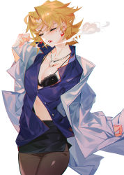 Rule 34 | 1girl, absurdres, akagi ritsuko, arm up, blonde hair, blush, bra, breasts, cigarette, cleavage, closed eyes, closed mouth, collarbone, collared shirt, ear piercing, earrings, facing viewer, grandia lee, hair between eyes, highres, jewelry, lipstick, makeup, miniskirt, necklace, neon genesis evangelion, pantyhose, piercing, shirt, short hair, simple background, skirt, small breasts, smoking, solo, standing, underwear, upper body, white background