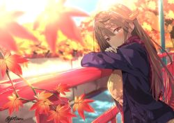Rule 34 | 10s, 1girl, against railing, autumn, autumn leaves, black coat, blush, branch, breasts, brown eyes, brown hair, canal, coat, commentary request, crossed arms, from side, gintarou (kurousagi108), hair between eyes, hair ornament, hairclip, haruna (kancolle), head rest, head tilt, headgear, kantai collection, leaf, long hair, long sleeves, looking at viewer, maple leaf, matching hair/eyes, nature, open clothes, open coat, outdoors, railing, red scarf, ribbed sweater, scarf, smile, solo, sunlight, sunset, sweater, tree, turtleneck, twitter username, upper body, water
