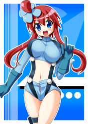 Rule 34 | 10s, 1girl, blue eyes, blush, bouncing breasts, breasts, chirorian, creatures (company), curvy, female focus, game freak, gloves, gym leader, large breasts, long hair, midriff, nintendo, open mouth, pokemon, pokemon bw, red hair, short shorts, shorts, skyla (pokemon), smile, solo, suspenders, unaligned breasts, unzipped