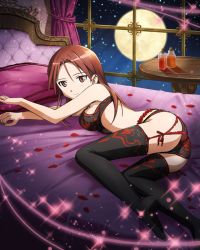 Rule 34 | 1girl, ass, bed, black panties, black thighhighs, bra, breasts, garter belt, garter straps, lingerie, long hair, lying, minna-dietlinde wilcke, moon, multicolored bra, multicolored clothes, official art, on side, panties, petals, pillow, red eyes, red hair, red panties, rose petals, sideboob, smile, solo, strike witches, thighhighs, underwear, world witches series