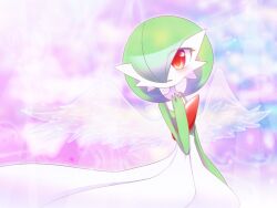 Rule 34 | angel wings, blush, bob cut, colored skin, creatures (company), dress, game freak, gardevoir, gen 3 pokemon, green hair, hair over one eye, hand on own chest, looking at viewer, multicolored skin, nintendo, parted lips, pokemon, pokemon (creature), red eyes, shiratsuki (royal moon), two-tone skin, white dress, white skin, wings