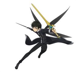Rule 34 | 10s, 1boy, black eyes, black hair, dual wielding, full body, highres, holding, holding sword, holding weapon, kirito, kirito (sao-alo), male focus, official art, pointy ears, short hair, simple background, solo, sword, sword art online, sword art online: code register, weapon, white background, wings