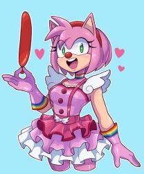 Rule 34 | 1girl, ace attorney, amy rose, artkett1412, balloon, blue background, clown nose, cosplay, dress, frilled dress, frills, geiru toneido, geiru toneido (cosplay), gloves, green eyes, hairband, heart, highres, holding, holding balloon, looking at viewer, open mouth, pink dress, pink gloves, rainbow bracelet, rainbow choker, red hairband, simple background, solo, sonic (series), teeth, upper teeth only