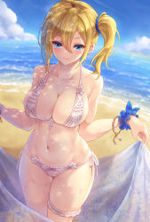 Rule 34 | 1girl, alternate costume, bare arms, bare shoulders, beach, bikini, blonde hair, blue eyes, blue scrunchie, blue sky, blush, bracelet, breasts, bridal garter, cleavage, closed mouth, cloud, collarbone, commentary request, cowboy shot, curvy, day, front-tie bikini top, front-tie top, gluteal fold, hair between eyes, hair ornament, hair scrunchie, halterneck, hayasaka ai, highres, holding, holding sarong, jewelry, kaguya-sama wa kokurasetai ~tensai-tachi no renai zunousen~, large breasts, looking at viewer, makirin, navel, ocean, outdoors, sand, scrunchie, shadow, shore, side-tie bikini bottom, side ponytail, sidelocks, skindentation, sky, smile, solo, standing, stomach, sweat, swimsuit, thigh strap, thighs, water, wet, white bikini, wrist scrunchie