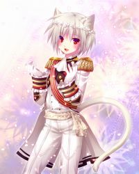 Rule 34 | 1boy, animal ears, bad id, bad pixiv id, cat boy, cat ears, cat tail, fantasy earth zero, flower, gloves, male focus, minatosaiga, red eyes, solo, tail, white hair