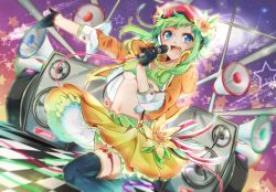 Rule 34 | 1girl, :d, bikini, bikini top only, black gloves, black thighhighs, blue eyes, blush, breasts, checkered floor, collarbone, flower, glint, gloves, goggles, goggles on head, gradient background, green bikini, green hair, gumi, gumi (v3 megpoid), hair flower, hair ornament, headphones, holding, holding microphone, jacket, layered skirt, leg up, looking at viewer, medium breasts, microphone, music, navel, nou (nounknown), open clothes, open jacket, open mouth, orange skirt, outstretched arms, purple background, red ribbon, ribbon, sidelocks, simple background, singing, skirt, smile, solo, speaker, star (symbol), stomach, suspender skirt, suspenders, swimsuit, thigh strap, thighhighs, underboob, vocaloid, wardrobe malfunction, zettai ryouiki