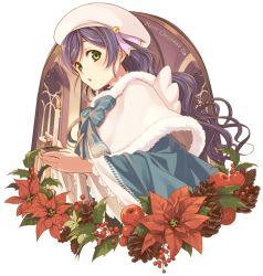 Rule 34 | 10s, 1girl, :o, beret, candle, capelet, christmas, flower, green eyes, hat, hat ribbon, holly, kannuki hisui, long hair, looking at viewer, love live!, love live! school idol festival, love live! school idol project, merry christmas, pinecone, poinsettia, purple hair, ribbon, snow halation, solo, tojo nozomi