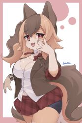 Rule 34 | 1girl, animal ears, bike shorts, black footwear, bow, breasts, brown hair, commission, fang, furry, furry female, highres, large breasts, long hair, looking at viewer, multicolored hair, orange hair, original, red bow, red eyes, ryuusui arumo, shirt, short sleeves, skeb commission, smug, solo, tail, white shirt, wolf ears, wolf girl, wolf tail