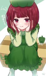 Rule 34 | 1girl, arima kana, bell pepper, blunt bangs, blush, box, cardboard box, closed mouth, commentary request, dress, feet out of frame, frilled dress, frills, green dress, green hat, green shirt, hands on own cheeks, hands on own face, hat, head rest, highres, long sleeves, looking at viewer, medium hair, official alternate costume, oshi no ko, pepper, pinafore dress, red hair, shirt, signature, sleeveless, sleeveless dress, solo, tearing up, tears, toto10noto, translation request, wavy mouth, white background