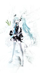 Rule 34 | 1girl, aqua eyes, aqua hair, bad id, bad pixiv id, black thighhighs, boots, detached sleeves, hatsune miku, highres, long hair, necktie, skirt, smile, solo, spring onion, taiki (luster), thigh boots, thighhighs, twintails, very long hair, vocaloid