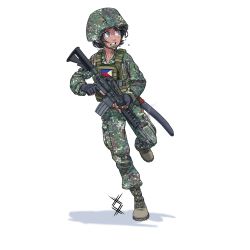 Rule 34 | 1girl, assault rifle, black gloves, black hair, bolo (weapon), boots, camouflage, camouflage headwear, camouflage pants, commission, dark-skinned female, dark skin, fingerless gloves, full body, gloves, green footwear, grey eyes, gun, hat, helmet, highres, holding, holding gun, holding weapon, jacket, long sleeves, m4 carbine, military, military hat, military jacket, military uniform, open mouth, original, ostwindprojekt, pants, philippine flag, philippines, rifle, sheath, sheathed, short hair, solo, sweat, sweatdrop, tactical clothes, teeth, trigger discipline, uniform, vest, weapon