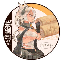 Rule 34 | 1girl, black gloves, black skirt, breasts, character name, dated, eating, fingerless gloves, food, glasses, gloves, grey hair, holding, holding food, itomugi-kun, kantai collection, large breasts, long hair, musashi (kancolle), pleated skirt, pointy hair, profile, rectangular eyewear, red eyes, sarashi, skirt, solo, two side up, upper body