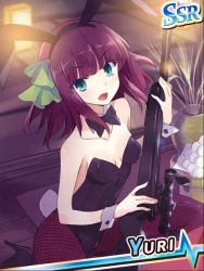 Rule 34 | 10s, 1girl, :d, angel beats!, animal ears, aqua eyes, bare arms, bare shoulders, bow, bowtie, breasts, rabbit ears, rabbit tail, character name, dango, detached collar, fake animal ears, female focus, fishnet pantyhose, fishnets, food, green eyes, gun, hair ornament, happy, looking at viewer, mochi, open mouth, pantyhose, playboy bunny, purple hair, rifle, short hair, sitting, small breasts, smile, sniper rifle, scope, solo, tail, usatsuka eiji, wagashi, weapon, wrist cuffs, nakamura yuri