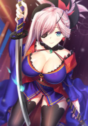 Rule 34 | 1girl, asymmetrical hair, black thighhighs, blue eyes, blue kimono, blush, breasts, cleavage, clothing cutout, detached sleeves, dual wielding, earrings, eyepatch, fate/grand order, fate (series), hair ornament, highres, holding, holding sword, holding weapon, iro ame (amewaagada), japanese clothes, jewelry, katana, kimono, large breasts, leaf print, looking at viewer, magatama, maple leaf print, miyamoto musashi (fate), miyamoto musashi (third ascension) (fate), navel cutout, obi, pink hair, ponytail, sash, sheath, short kimono, sleeveless, sleeveless kimono, solo, sword, thighhighs, unsheathed, weapon
