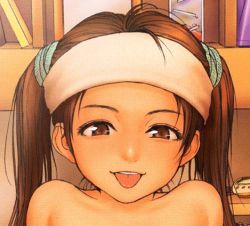 Rule 34 | 1girl, androgynous, bare shoulders, brown eyes, child, female focus, headband, long hair, looking at viewer, lowres, portrait, rustle, scrunchie, solo, tongue, tongue out, twintails