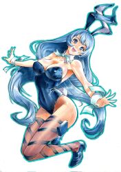 Rule 34 | 1girl, animal ears, blue eyes, blue hair, boku no hero academia, bow, bowtie, breasts, cleavage, detached collar, fake animal ears, hadou nejire, highres, large breasts, leotard, light blue hair, long hair, looking at viewer, open mouth, pantyhose, playboy bunny, rabbit ears, rodrigo yoshimiya, simple background, smile, solo, strapless, strapless leotard, very long hair, white background, wrist cuffs
