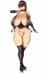 Rule 34 | 1girl, absurdres, breasts, brown eyes, brown hair, cleavage, curvy, dead or alive, full body, gigantic breasts, highres, kasumi (doa), long hair, looking at viewer, ponytail, solo, standing, thick thighs, thighs, white background, wide hips