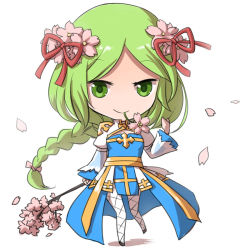 Rule 34 | 1girl, arch bishop (ragnarok online), black footwear, blue dress, braid, braided ponytail, branch, chibi, cleavage cutout, closed mouth, clothing cutout, commentary request, cross, dress, fishnet thighhighs, fishnets, flower, flower in mouth, full body, green eyes, green hair, hair flower, hair ornament, hair ribbon, holding, holding branch, juliet sleeves, long hair, long sleeves, looking at viewer, natsuya (kuttuki), pink flower, puffy sleeves, ragnarok online, red ribbon, ribbon, sash, shoes, simple background, smile, solo, thighhighs, two-tone dress, white background, white dress, white thighhighs, yellow sash