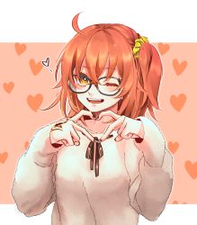 Rule 34 | 1girl, ahoge, alternate costume, black nails, fate/grand order, fate (series), fujimaru ritsuka (female), glasses, hair ornament, hair scrunchie, heart, heart background, heart hands, highres, long sleeves, looking at viewer, nail polish, one eye closed, one side up, open mouth, orange eyes, orange hair, redrabbit44, scrunchie, solo, sweater, white sweater, yellow scrunchie
