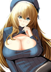 Rule 34 | 10s, 1girl, atago (kancolle), black pantyhose, blue eyes, breasts, cleavage, cleavage cutout, clothing cutout, hat, highres, kantai collection, large breasts, long hair, looking at viewer, meme attire, open-chest sweater, pantyhose, ribbed sweater, solo, sweater, takamura wamu, turtleneck, white background