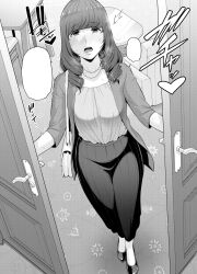 1girl blush door doorway from_above gonza greyscale highres indoors mature_female monochrome motion_lines screentones solo sound_effects speech_bubble surprised tagme