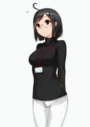 Rule 34 | 10s, 1girl, ahoge, anti (0324), bad id, bad pixiv id, black hair, breasts, brown eyes, glasses, name tag, servant x service, short hair, solo, sweater, turtleneck, white background, yamagami lucy