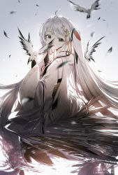 Rule 34 | 1girl, black eyes, commentary, covered mouth, from side, gradient background, hair ornament, hatsune miku, highres, japanese clothes, kimono, lengchan (fu626878068), looking at viewer, new year, sitting, solo, vocaloid, white hair, wide sleeves, yuki miku