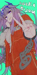Rule 34 | 1girl, absurdres, aqua background, character name, cuffs, hand on own cheek, hand on own face, highres, hololive, hololive english, koseki bijou, long hair, looking at viewer, name tag, pink nails, prison clothes, purple eyes, purple hair, raised eyebrow, shackles, tiara, v, very long hair, virtual youtuber, zhuweii