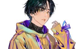 Rule 34 | 1boy, arm up, biting own lip, black hair, black sweater, chamuring, close-up, from side, highres, hood, hoodie, light blush, light frown, long sleeves, looking at viewer, looking down, male focus, original, parted bangs, parted lips, purple ribbon, raised eyebrow, ribbon, short hair, simple background, sleeves past fingers, sleeves past wrists, solo, sweater, teeth, turtleneck, turtleneck sweater, upper teeth only, wrist ribbon, yellow eyes, yellow hoodie