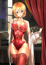 Rule 34 | 10s, 1girl, :d, alternate costume, bare shoulders, bed, bedroom, blonde hair, blue eyes, blush, braid, breasts, breasts apart, clothing cutout, collarbone, covered erect nipples, cowboy shot, dappled moonlight, darjeeling (girls und panzer), eyebrows, floral print, french braid, fringe trim, girls und panzer, groin, hair between eyes, hand up, head tilt, highleg, highleg leotard, highres, hip focus, indoors, lace, lace-trimmed legwear, lace trim, leotard, light smile, lingerie, lips, looking at viewer, medium breasts, moonlight, nail polish, naughty face, night, night sky, nipples, off shoulder, open clothes, open mouth, open robe, parted bangs, parted lips, purple nails, red leotard, red thighhighs, robe, see-through, short hair, side cutout, sideboob, sky, smile, solo, standing, star (sky), starry sky, swept bangs, takano yuki (mangaka), teddy (lingerie), thighhighs, thighs, underwear, undressing, wide sleeves, window, window shadow