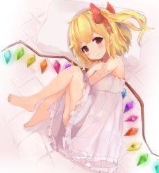 Rule 34 | 1girl, alternate costume, bare shoulders, barefoot, bed sheet, blonde hair, blush, bow, chaha, commentary request, crystal, dress, flandre scarlet, full body, hair bow, knees up, looking at viewer, lying, no headwear, on side, one side up, panties, pillow, red bow, red eyes, see-through, shadow, short hair, solo, strap slip, thighs, touhou, underwear, white dress, wings