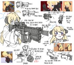 Rule 34 | 1girl, :3, ahoge, aiming, akari (blue archive), black horns, blonde hair, blue archive, blue eyes, flukhan, game screenshot, gloves, grenade launcher, gun, halo, highres, holding, holding gun, holding weapon, horns, korean text, long hair, long sleeves, m320, modular weapon system, multiple views, reference inset, rifling, simple background, symbol-shaped pupils, tongue, translation request, twitter username, under-barrel configuration, underbarrel grenade launcher, weapon, white background, wide sleeves, x-shaped pupils